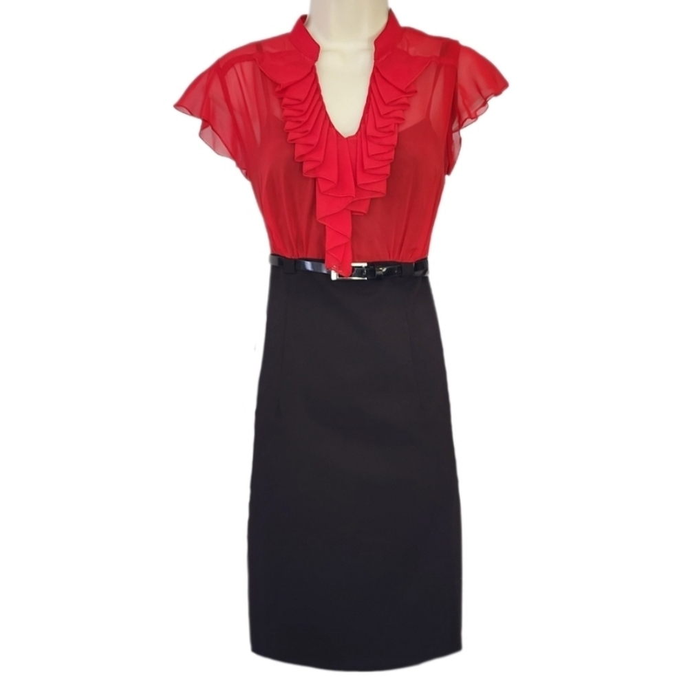 Alyx Limited Dress Sheath Solid with  Semi-Sheer Bodice Ruffle Sleeve Red Size 8